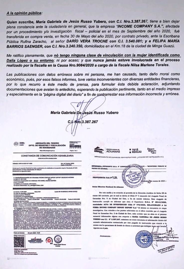 Empresaria altoparanaense niega vínculo con Dalia López