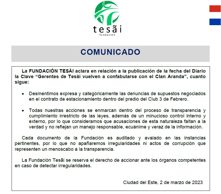 Con escueto comunicado, Tesãi intenta refutar negociados con el clan Aranda